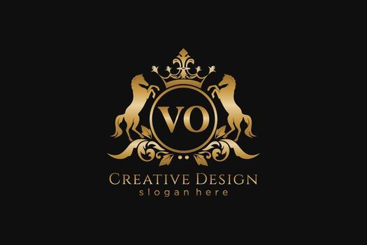 initial VO Retro golden crest with circle and two horses, badge template with scrolls and royal crown - perfect for luxurious branding projects vector
