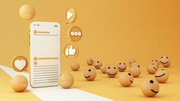 modèle de publication sur les médias sociaux avec concept d'applications de communication sociale en ligne, emoji, coeurs, icône du pouce vers le haut et sourire visage et produit stand podium fond jaune animation de rendu 3d en boucle video