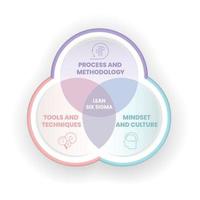 A Lean Six Sigma analysis venn diagram has 3 steps such as process and methodology, tools and techniques, mindset and culture. Business infographic presentation vector for slide or website banner.