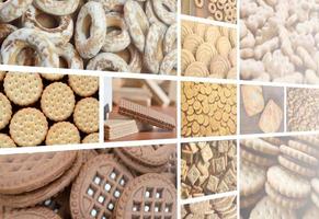 A collage of many pictures with various sweets close-up. A set of images with varieties of biscuits, bagels and candies photo