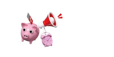 wecker mit sparschwein, megaphon, rabattverkäufe isoliert. preisschilder gutschein, kündigen aktionsnachrichten an, last-minute-angebot, flache verkäufe, geld sparen, 3d-renderillustration png