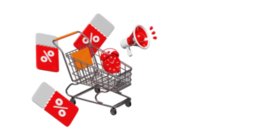 announce promotion news with shopping cart, clock alarm megaphone, discount sales isolated. price tags coupon,  last minute offer, flat sales shopping concept, 3d render png