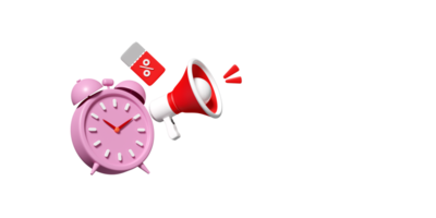 clock alarm with megaphone, discount sales isolated. price tags coupon, announce promotion news, last minute offer, flat sales shopping concept, 3d render illustration png