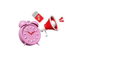 alarme d'horloge avec mégaphone, ventes à prix réduits isolées. coupon d'étiquettes de prix, annoncer les nouvelles de promotion, offre de dernière minute, concept de vente à plat, illustration de rendu 3d png