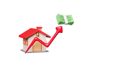 Icône de maison rouge 3d avec graphique en flèche, pile de billets isolée. l'achat d'une maison, la location, les prix des maisons et des terrains augmentent. concept, illustration de rendu 3d png