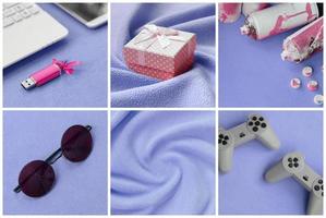 un conjunto de imágenes con objetos juveniles de moda sobre una suave superficie de vellón. colores pastel violeta y rosa foto