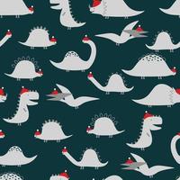 Vector seamless pattern with cute dinosaurs with christmas red hat. Cartoon design for textile, books, phone cases.