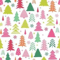 Seamless pattern of bright Christmas trees and snowflakes vector