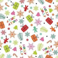 Christmas design elements - berry, branches, snowflake, bell, bow, poinsettia, acorns, fir trees, gift and candy cane. Seamless pattern perfect for greeting cards