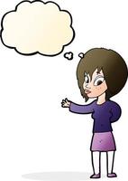 cartoon woman making welcome gesture with thought bubble vector