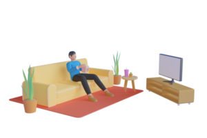 joven viendo una película con palomitas de maíz. Personaje de dibujos animados en 3D, un joven sentado viendo una película quiere divertirse en casa. renderizado 3d png