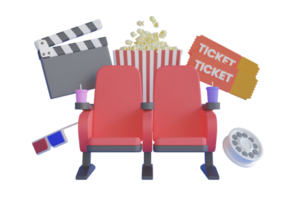 red cinema armchair with fizzy drink, popcorn, 3d glasses , ticket and movie reels over white background. 3d render of red cinema chair with popcorn,clapboard,3d glasse,reel. 3d rendering png