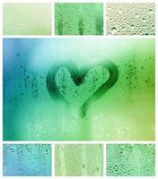 A collage of many different fragments of glass, decorated with rain drops from the condensate and painted heart in center photo