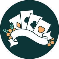 tattoo style icon of cards and banner with flowers vector