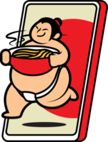 Cute japanese sumo delivery ramen from smartphone screen png