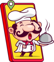 Cute chef delivery food through smartphone png