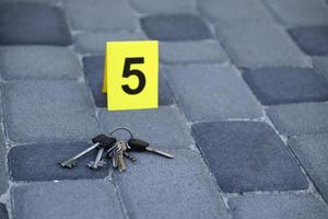 Evidence with yellow CSI marker for evidence numbering on the residental backyard in evening. Crime scene investigation concept photo