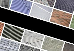 A collage of many pictures with fragments of various types of roofing close up. A set of images with roof coating textures photo