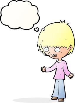 caricatura, estresado, mujer, con, burbuja del pensamiento vector