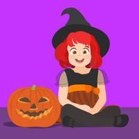 niña disfrazada de bruja con calabaza de halloween vector