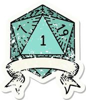 natural one d20 dice roll grunge sticker vector