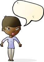 cartoon woman shrugging shoulders with speech bubble vector