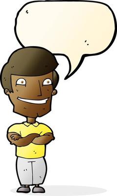 cartoon grinning man with speech bubble