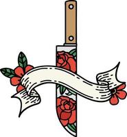 tattoo with banner of a dagger and flowers vector