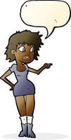 cartoon worried woman in dress pointing with speech bubble vector