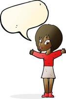 cartoon woman with open arms with speech bubble vector