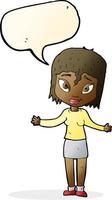 cartoon woman shrugging shoulders with speech bubble vector