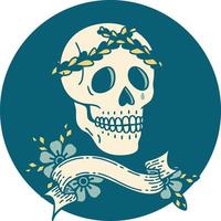 icon with banner of a skull with laurel wreath crown vector
