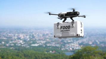 Food delivery drone, Autonomous delivery robot, Business air transportation concept.