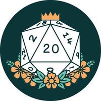 natural 20 D20 dice roll with floral elements icon vector