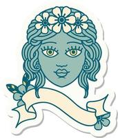 pegatina de tatuaje con pancarta de rostro femenino con corona de flores vector