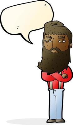 cartoon serious man with beard with speech bubble