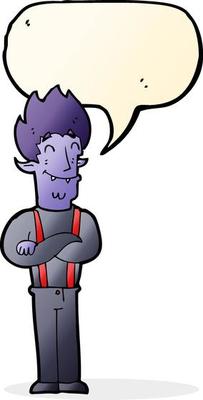 cartoon happy vampire man with speech bubble