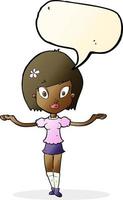 cartoon woman making balancing gesture with speech bubble vector