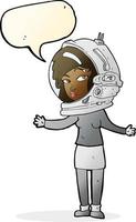 caricatura, mujer, llevando, astronauta, casco, con, burbuja del discurso vector