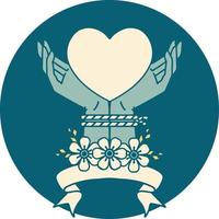 tattoo style icon with banner of tied hands and a heart vector