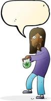 cartoon hippie man with bag of weed with speech bubble vector