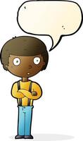 cartoon staring boy with folded arms with speech bubble vector