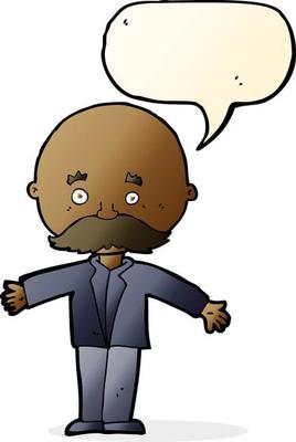 cartoon bald man with open arms with speech bubble