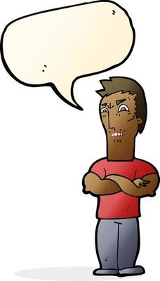 cartoon annoyed man with folded arms with speech bubble