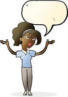 cartoon woman raising hands in air with speech bubble vector