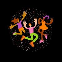 young girls and a guy of different skin colors jump and dance. Logo, poster, postcard for a music festival vector