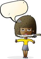 cartoon woman with knife between teeth with speech bubble vector