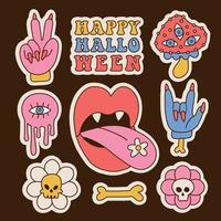 Groovy halloween stickers set in vintage 70s style. Psychedelic retro collection of hippie design elements. Power of monster flowers. vector