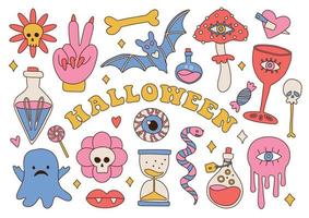 Groovy halloween elemenst set in retro hippie 70s style. Psychedelic collection of hippie design stickers. The power of monster magic. Linear hand drawn illustration. vector