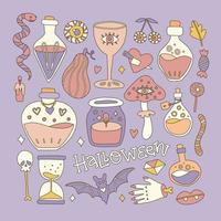 Set of boho style halloween elements, witchcraft, magic zombie hand, snake, pumpkin and knife. Halloween esoteric, alchemy symbols vector illustrations.